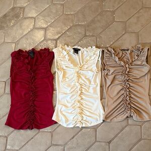 Express Ruffled Sleeveless Tops in Burgundy, Cream, and Beige